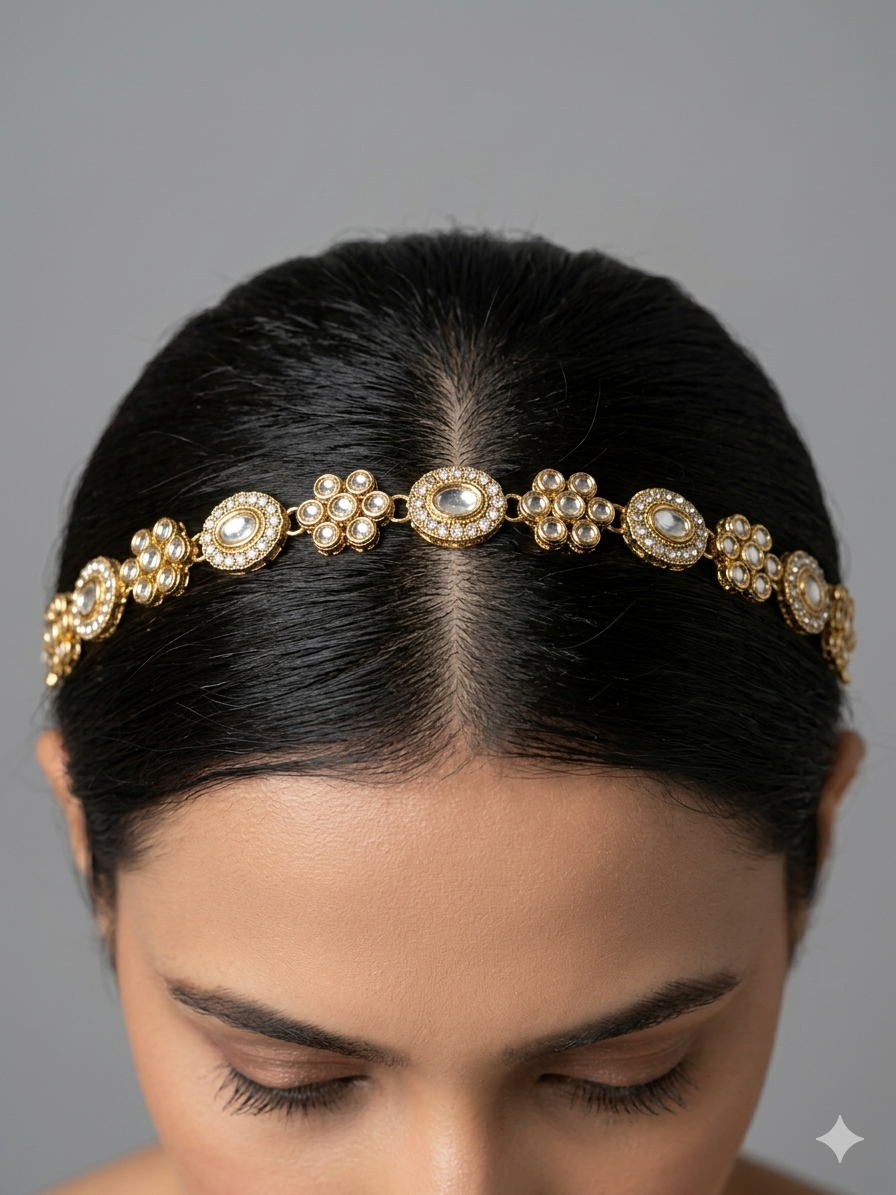 Gold White Headpiece Matha Patti sheesh fool Head Jewellery