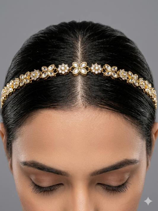 Gold White Headpiece Matha Patti sheesh fool Head Jewellery