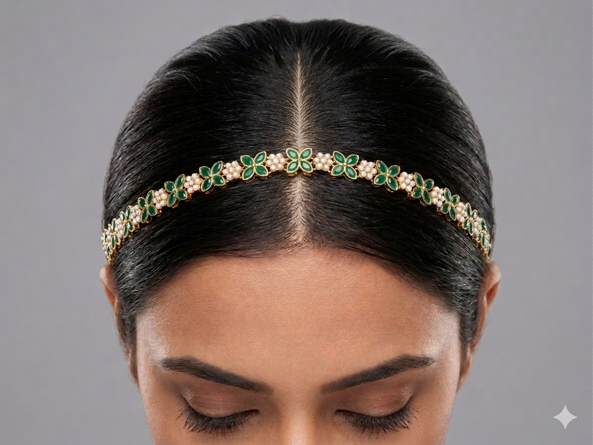 Gold Green Headpiece Matha Patti sheesh fool Head Jewellery