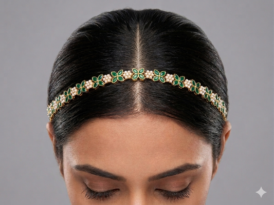 Gold Green Headpiece Matha Patti sheesh fool Head Jewellery