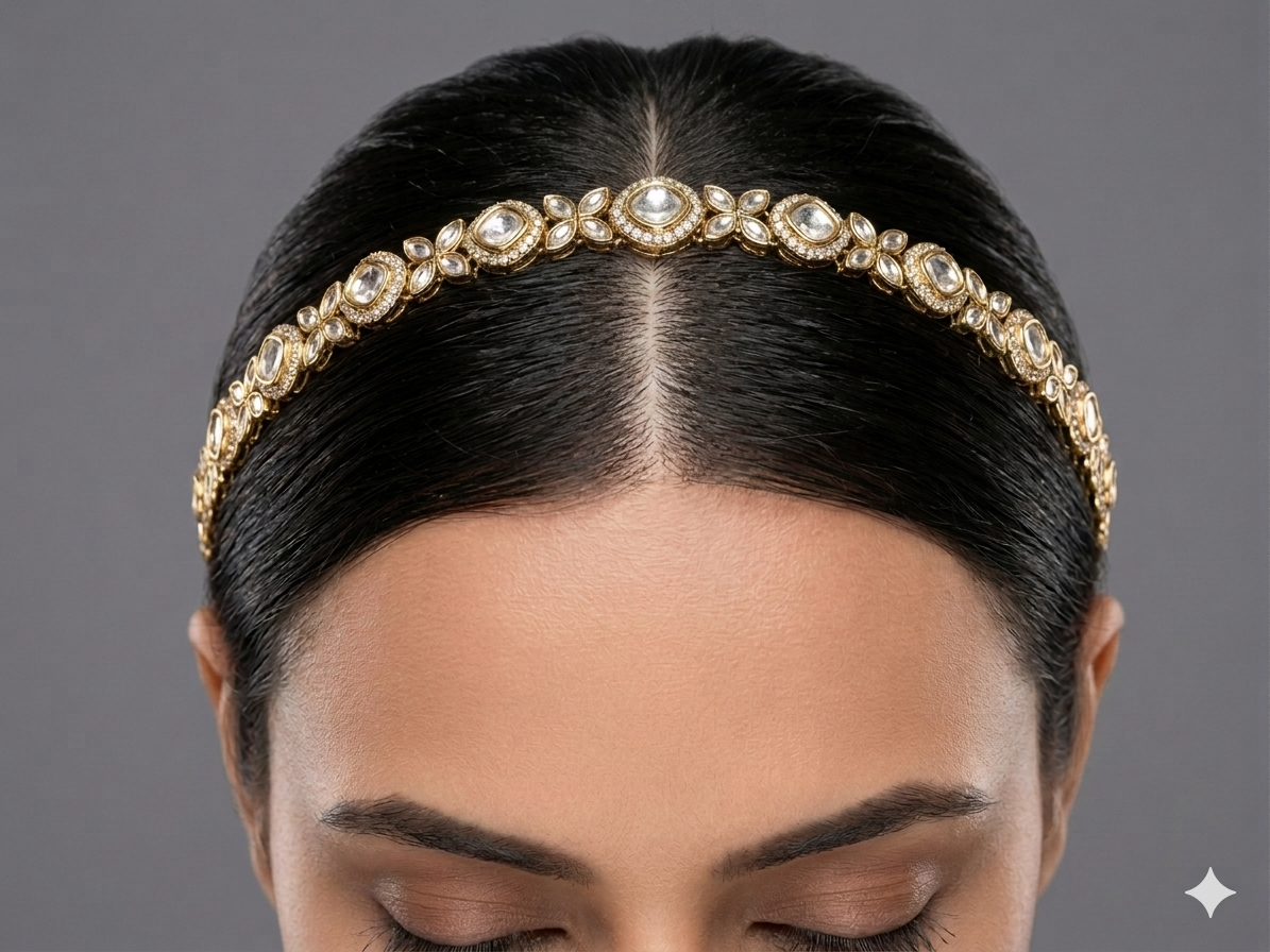 Gold White Headpiece Matha Patti sheesh fool Head Jewellery