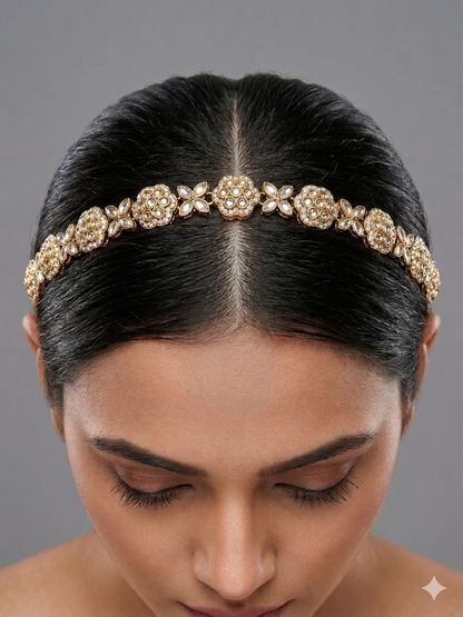 Gold White Headpiece Matha Patti sheesh fool Head Jewellery