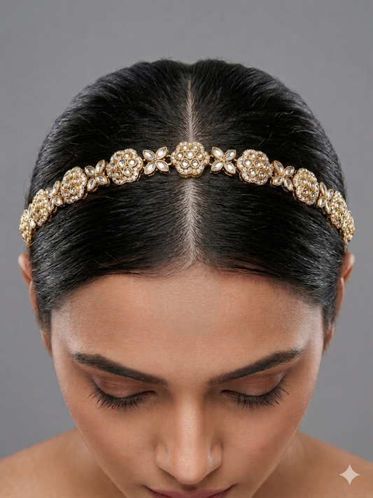 Gold White Headpiece Matha Patti sheesh fool Head Jewellery