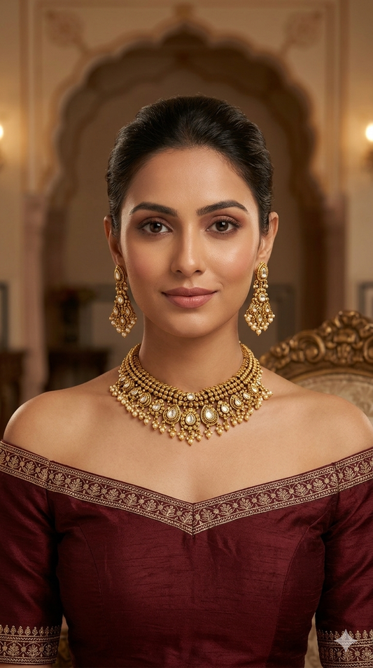 Gold White Polki Necklace Jewellery Harveen Set