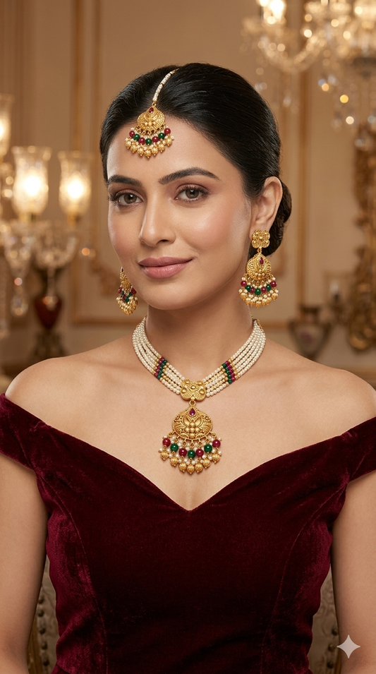 Gold Polish Ruby Green Punjabi Look Palvir Necklace Sets