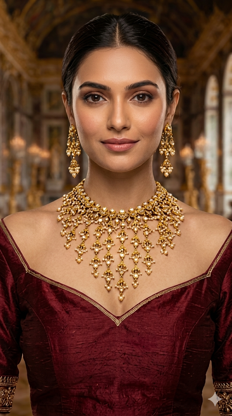 Gold White Polki Waterfall Necklace Jewellery Harveen Set