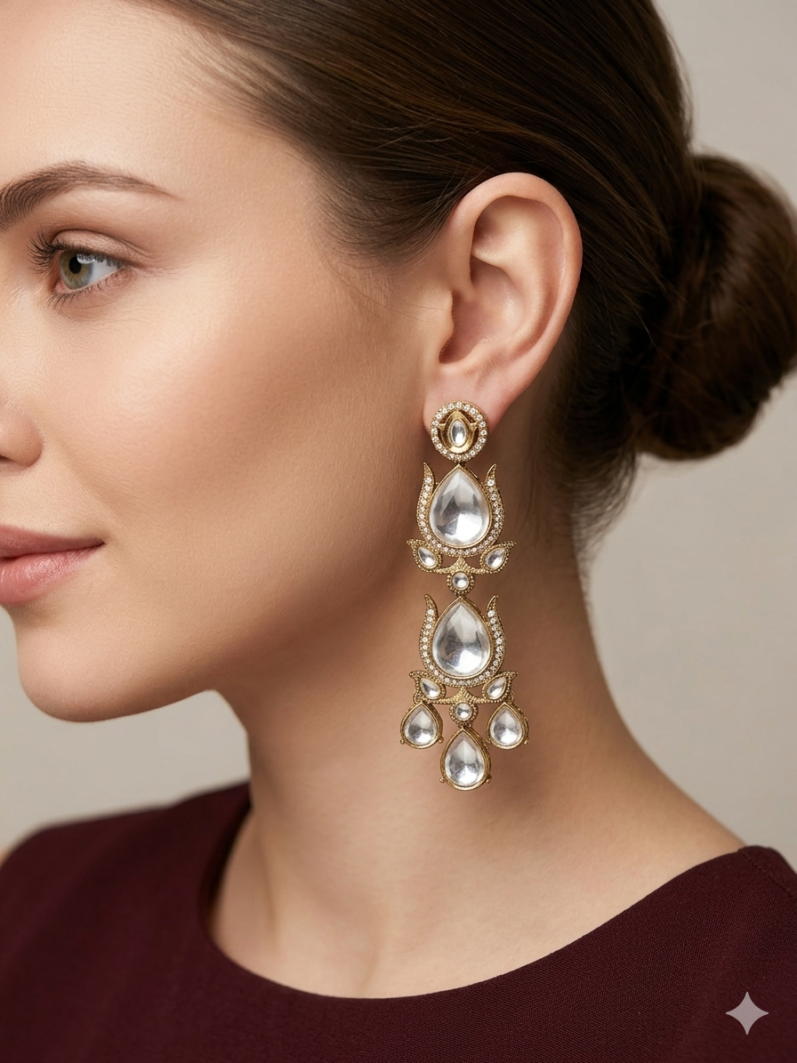 Antique White Kundan Bollywood Indian Charan Earrings