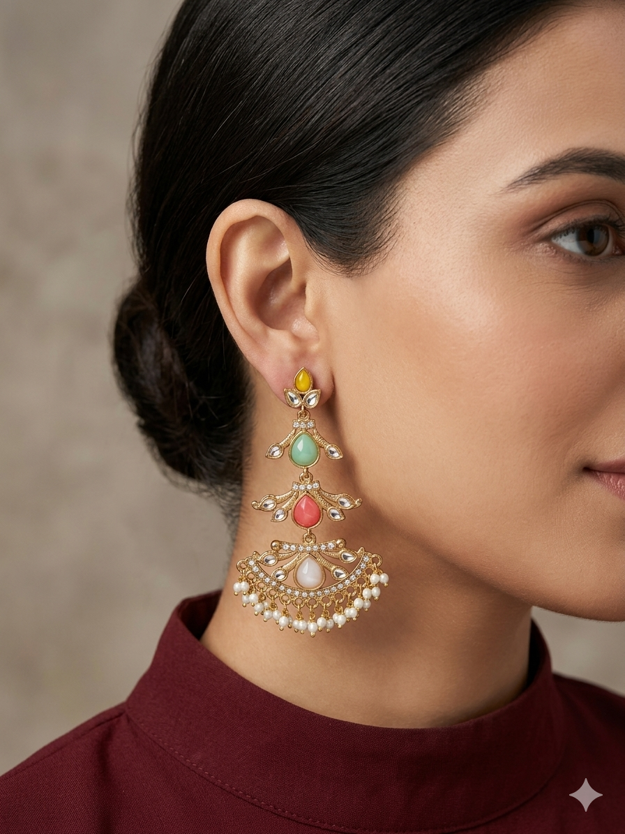 Antique Multi Color Kundan Bollywood Indian Charan Earrings