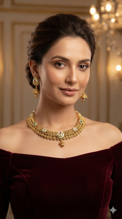 Gold Polki Ruby Green Necklace Jewellery Roma Set