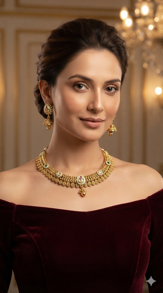 Gold Polki Ruby Green Necklace Jewellery Roma Set