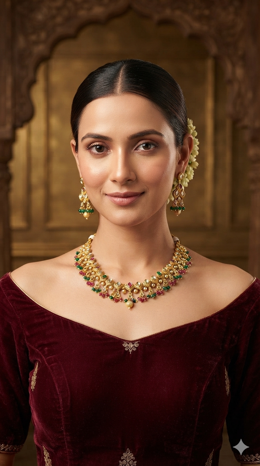Gold Polki Ruby Green Necklace Jewellery Roma Set