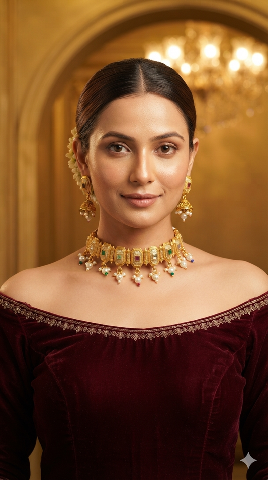 Gold polki Multi Color Choker set Indian Rue Jewellery