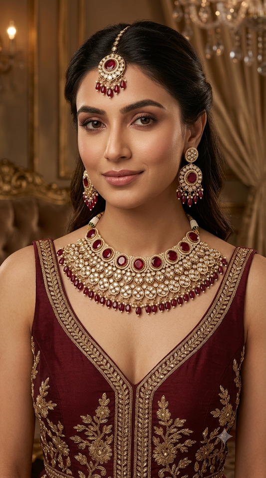 Gold Uncut Maroon kundan necklace Indian Jewellery Param Wedding Sets
