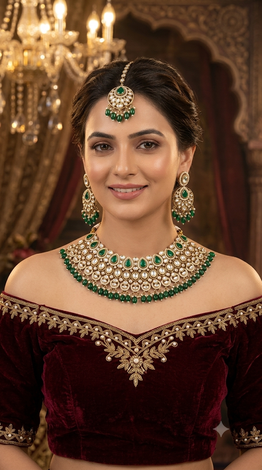Gold Uncut Green kundan necklace Indian Jewellery Param Wedding Sets