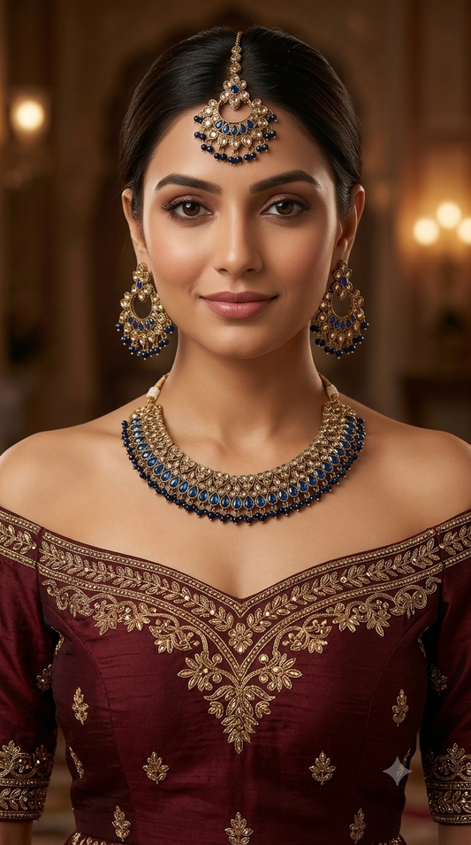 Antique Gold Blue Necklace Set/ Antique gold Indian Love Jewellery