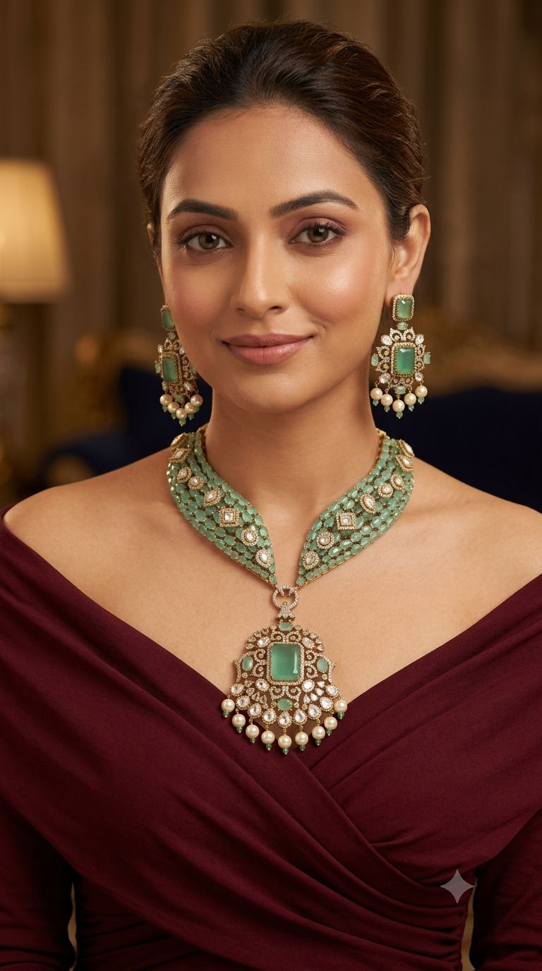 Antique Gold Mint Moissanite Kundan CZ Necklace Indian Jewellery Pvita  Set