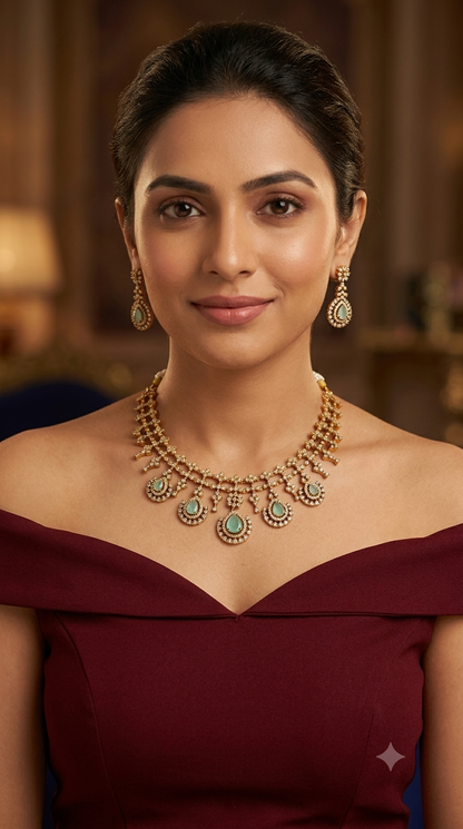 Antique Gold Mint CZ Necklace Indian Jewellery Pvita  Set