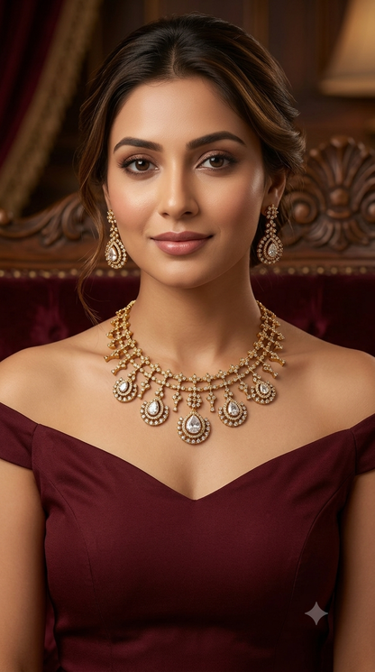 Antique Gold White CZ Necklace Indian Jewellery Pvita  Set