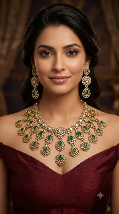 Antique Gold Green Moissanite Kundan CZ Necklace Indian Jewellery Pvita  Set