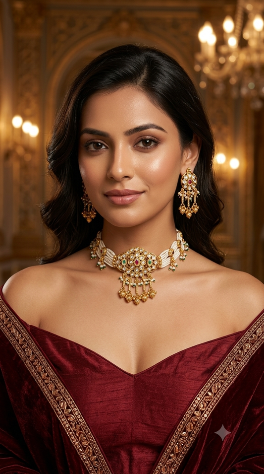 Gold Polki Ruby Green Kundan choker set/ Gold choker Noora set