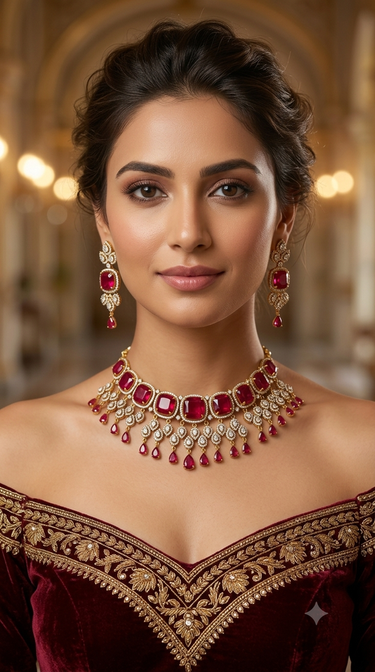 Antique Ruby CZ Stone Choker Indian Jewellery Orika Set