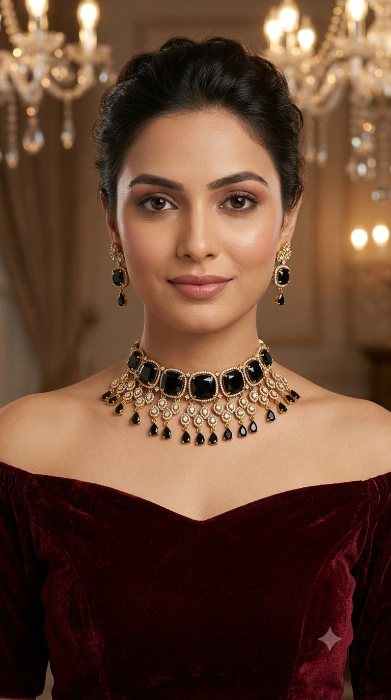 Antique Black CZ Stone Choker Indian Jewellery Orika Set