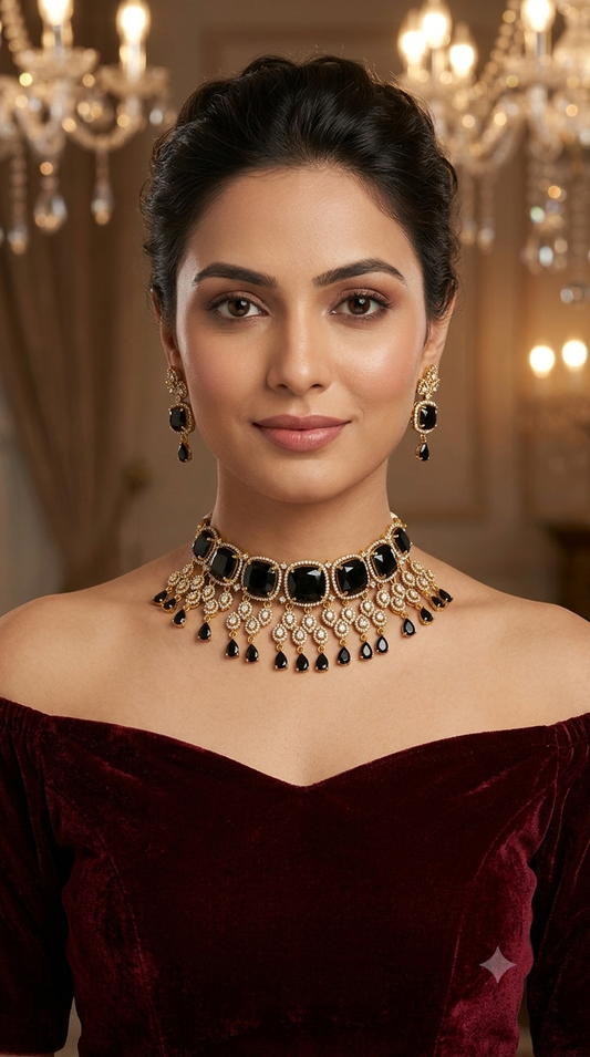Antique Black CZ Stone Choker Indian Jewellery Orika Set