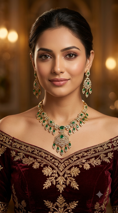 Antique Gold Green CZ Necklace Indian Jewellery Tyra Set