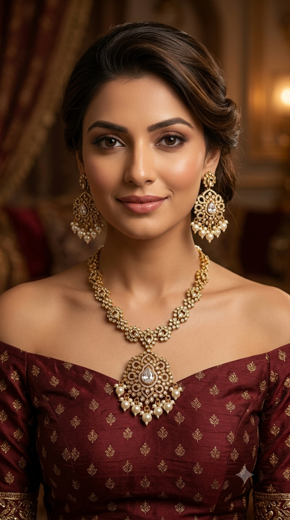 Antique Gold White CZ Necklace Indian Jewellery Beth Set