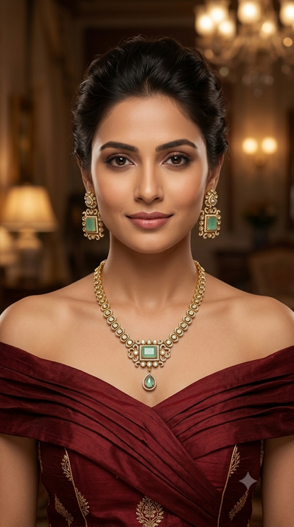 Antique Gold Mint CZ Necklace Indian Jewellery Jazi Set