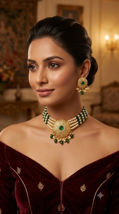 Gold Green Punjabi choker set/ Gold choker Jerry set