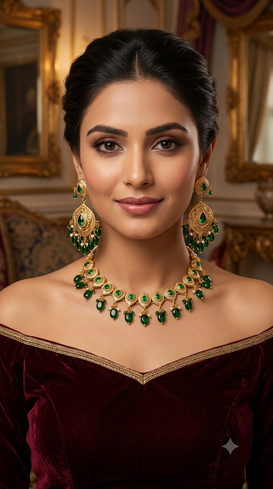 Gold Green Punjabi Necklace set/ Gold Necklace Tom set