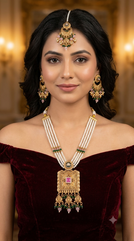 Gold Pink Green Punjabi Necklace Jewellery Erra Sets