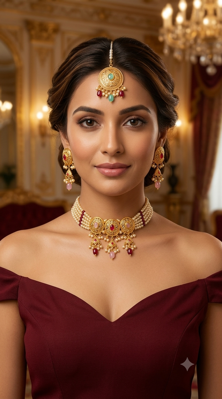 Ruby Pink Gold Jadau Punjabi Style Necklace Indian Jewellery Jack Set