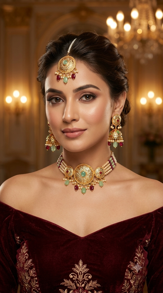 Ruby Mint Gold Jadau Punjabi Style Necklace Indian Jewellery Jack Set