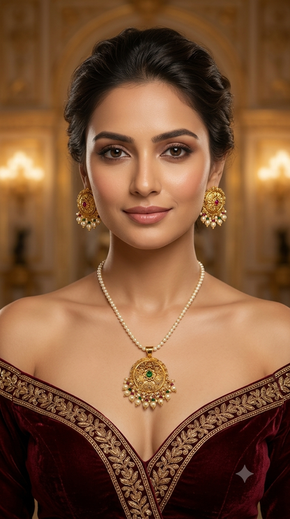 Gold Ruby Green Jadau Punjabi Style Pendant Mehak Necklace Set