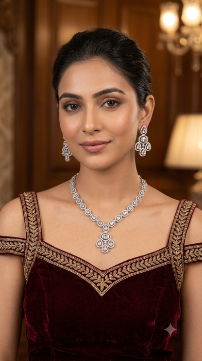 Silver American Diamond AD  Necklace Nicki Set