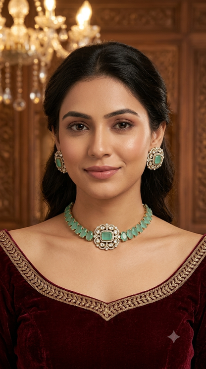 Mint Moissanite Kundan Necklace Jewellery Soma Set