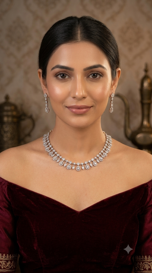Silver CZ Stone Necklace indian Jewellery Sheet Set