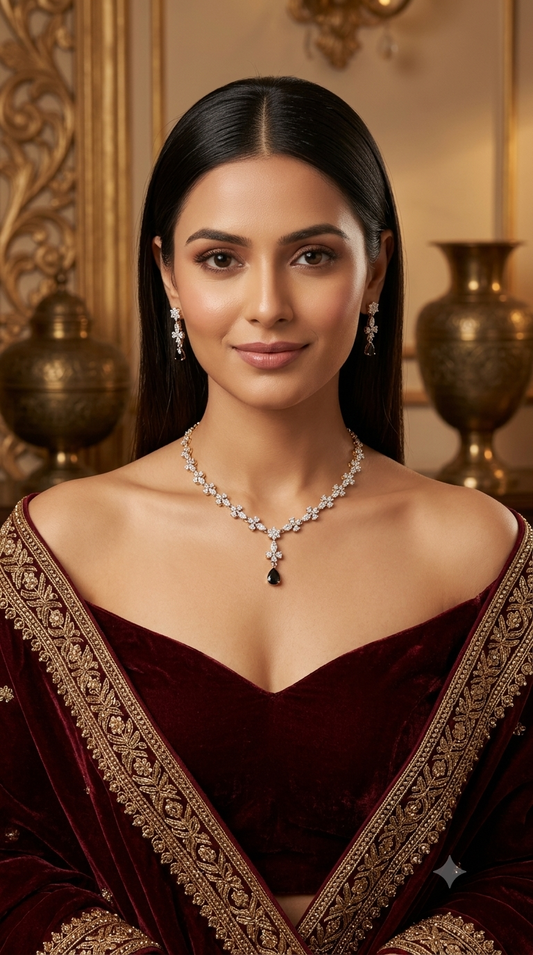 Silver Black CZ Stone Necklace indian Jewellery Sheet Set