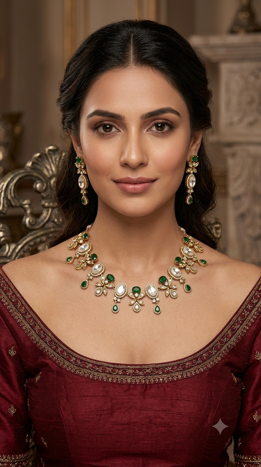 Green Moissanite Kundan Necklace Jewellery Chani Set