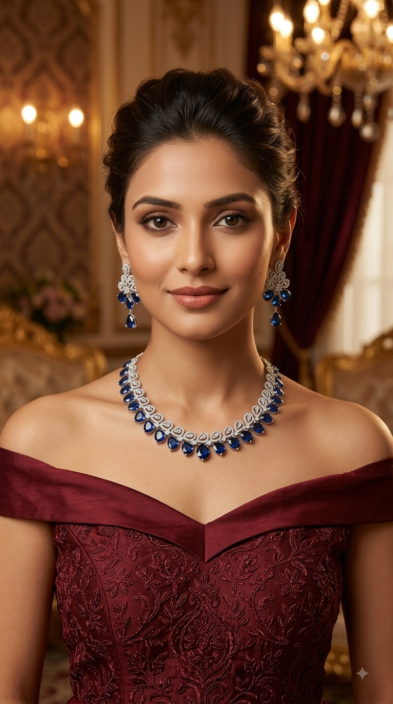 Blue American Diamond AD Necklace Alexa Set
