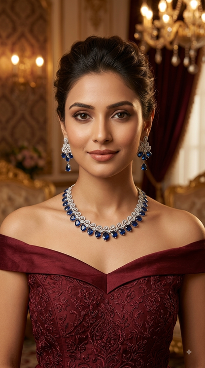 Blue American Diamond AD Necklace Alexa Set