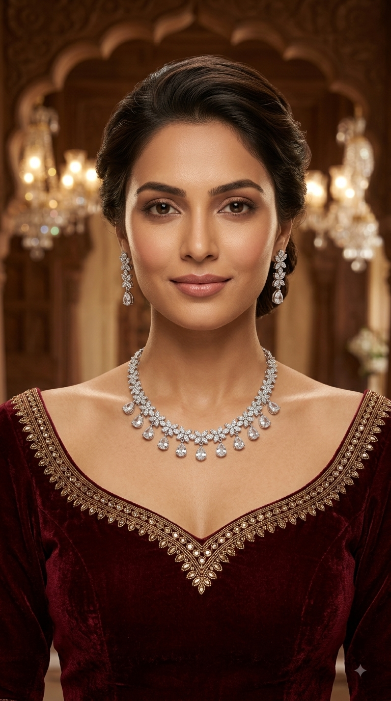 Silver American Diamond AD Necklace Alexa Set