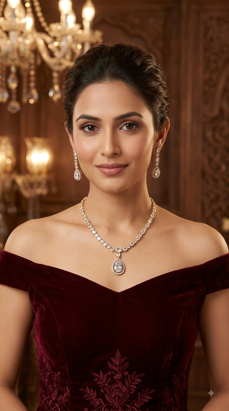 Silver American Diamond AD Necklace Alexa Set