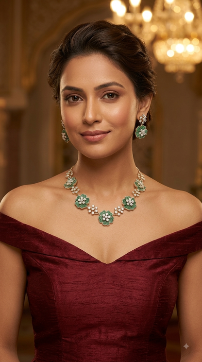 Green American Diamond AD Necklace Alexa Set