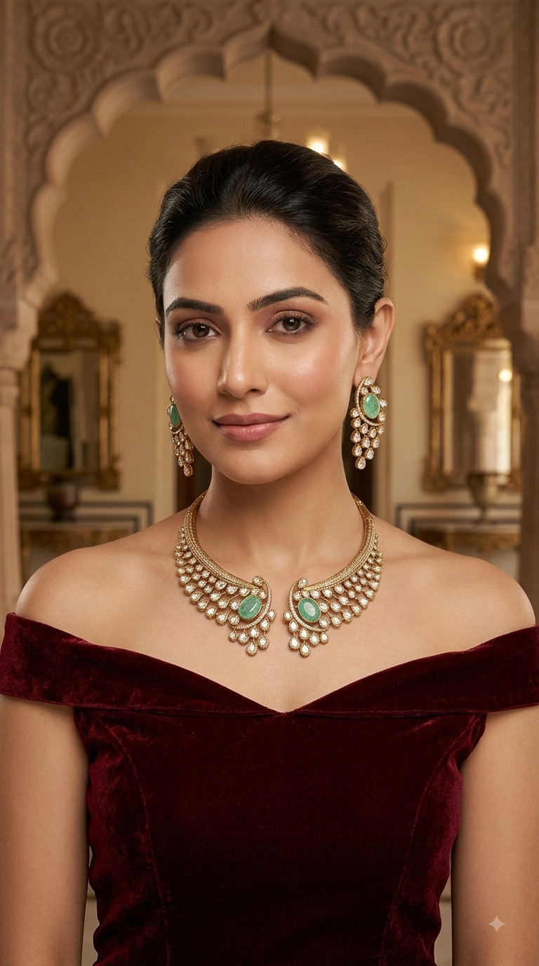 Mint Moissanite Kundan Necklace Jewellery Ruth Set