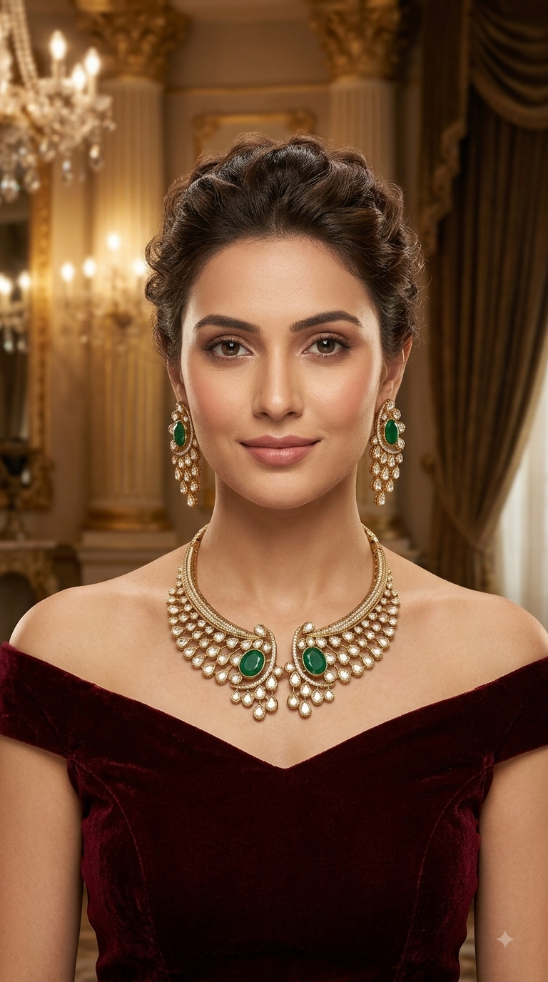 Green Moissanite Kundan Necklace Jewellery Ruth Set