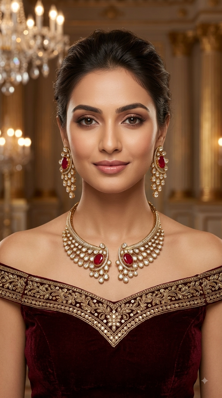 Maroon Moissanite Kundan Necklace Jewellery Ruth Set