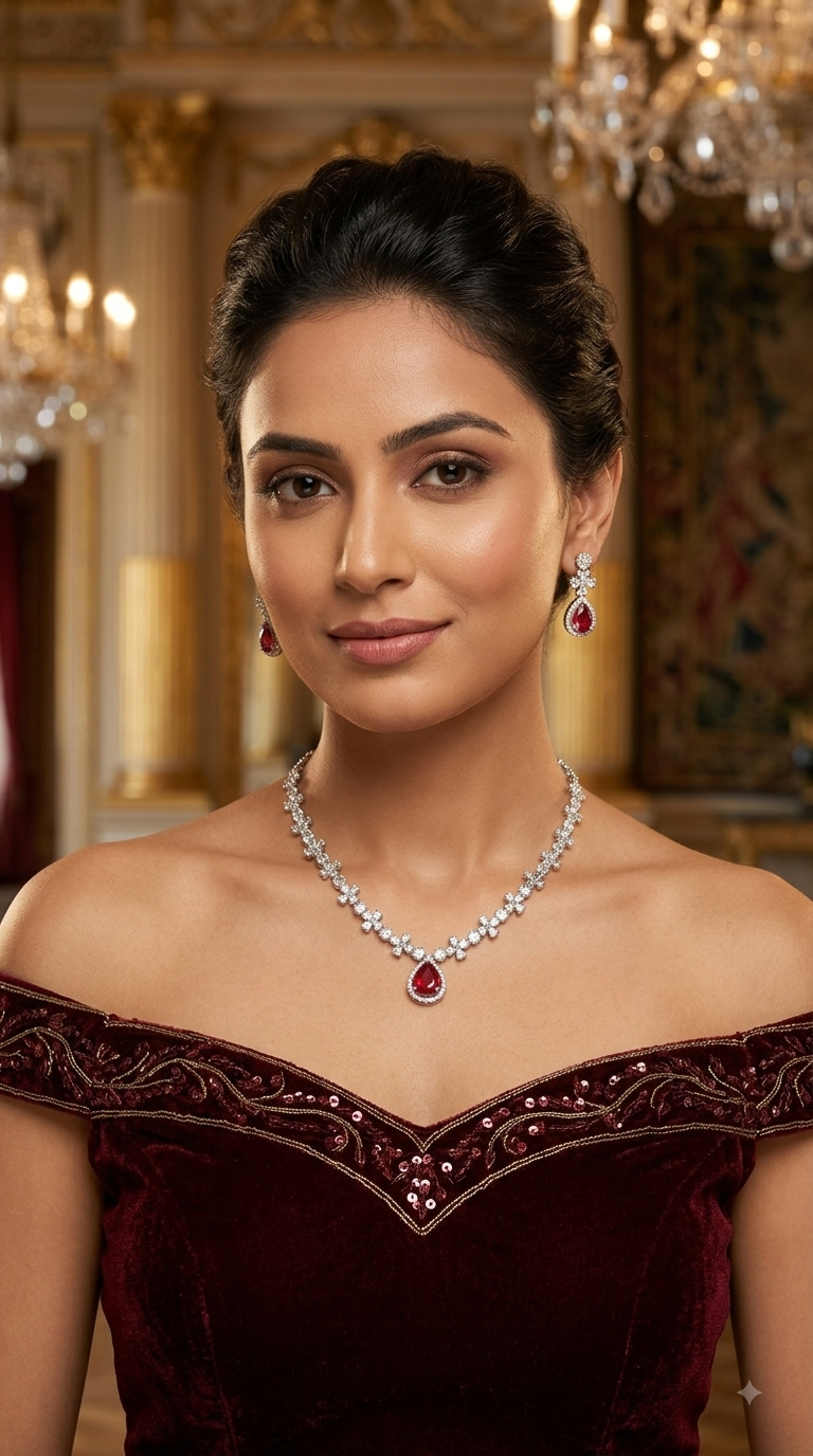 Silver Ruby American Diamond AD Necklace Mary Set
